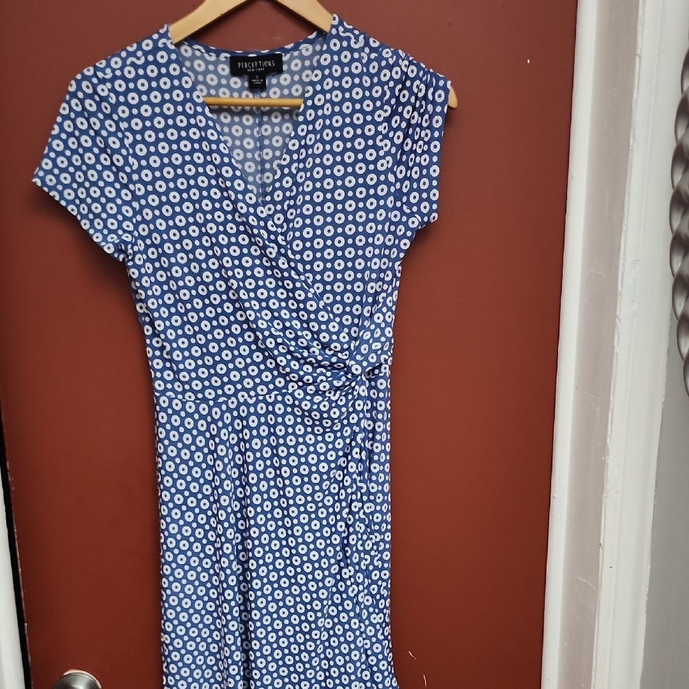 Perception New York Dress Blue and White Midi Wrap Dress V-Neck